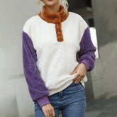 Mujer Colour-Block con Medios Botones Pullover con de Canalé Cuffs
