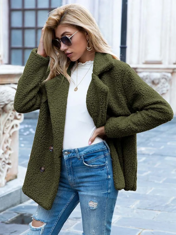 Mujer Teddy blazer con Notched Lapels y cierre frontal de botones