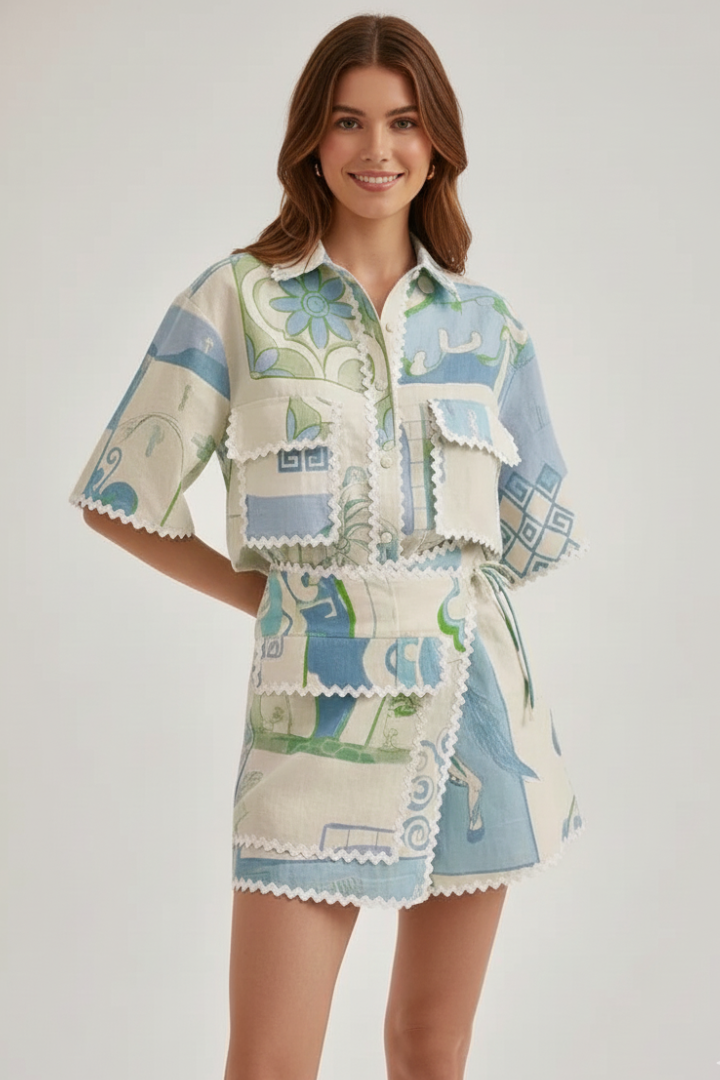 Mujer Two-Piece conjunto con Patchwork top y Adjustable Shorts