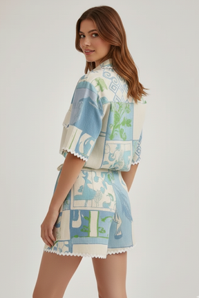 Mujer Two-Piece conjunto con Patchwork top y Adjustable Shorts