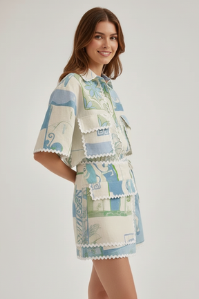 Mujer Two-Piece conjunto con Patchwork top y Adjustable Shorts
