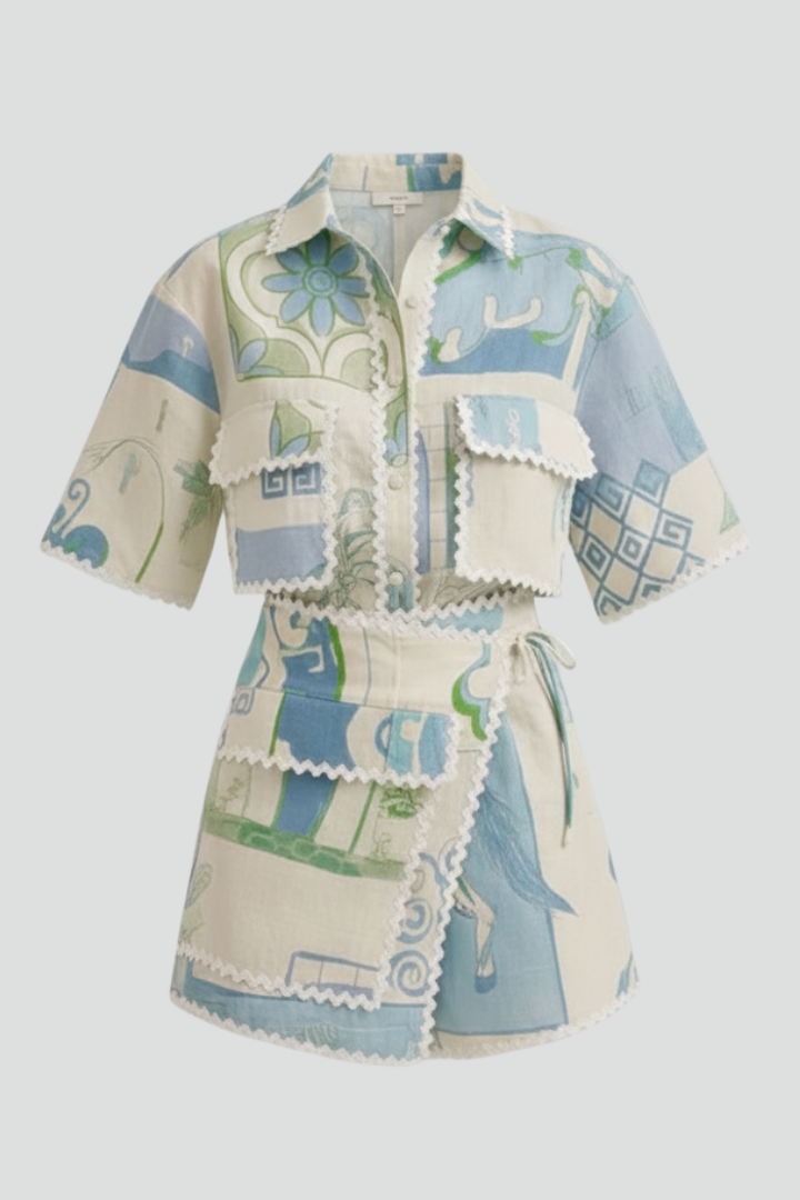 Mujer Two-Piece conjunto con Patchwork top y Adjustable Shorts