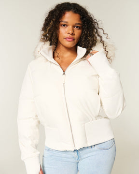 Mujer Corto Acolchado Hooded Chaqueta con Faux Fur Trim