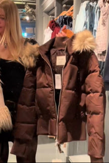 Mujer Corto Acolchado Hooded Chaqueta con Faux Fur Trim