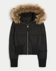 Mujer Corto Acolchado Hooded Chaqueta con Faux Fur Trim