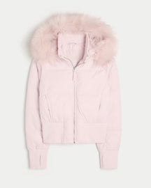 Mujer Corto Acolchado Hooded Chaqueta con Faux Fur Trim