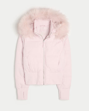Mujer Corto Acolchado Hooded Chaqueta con Faux Fur Trim