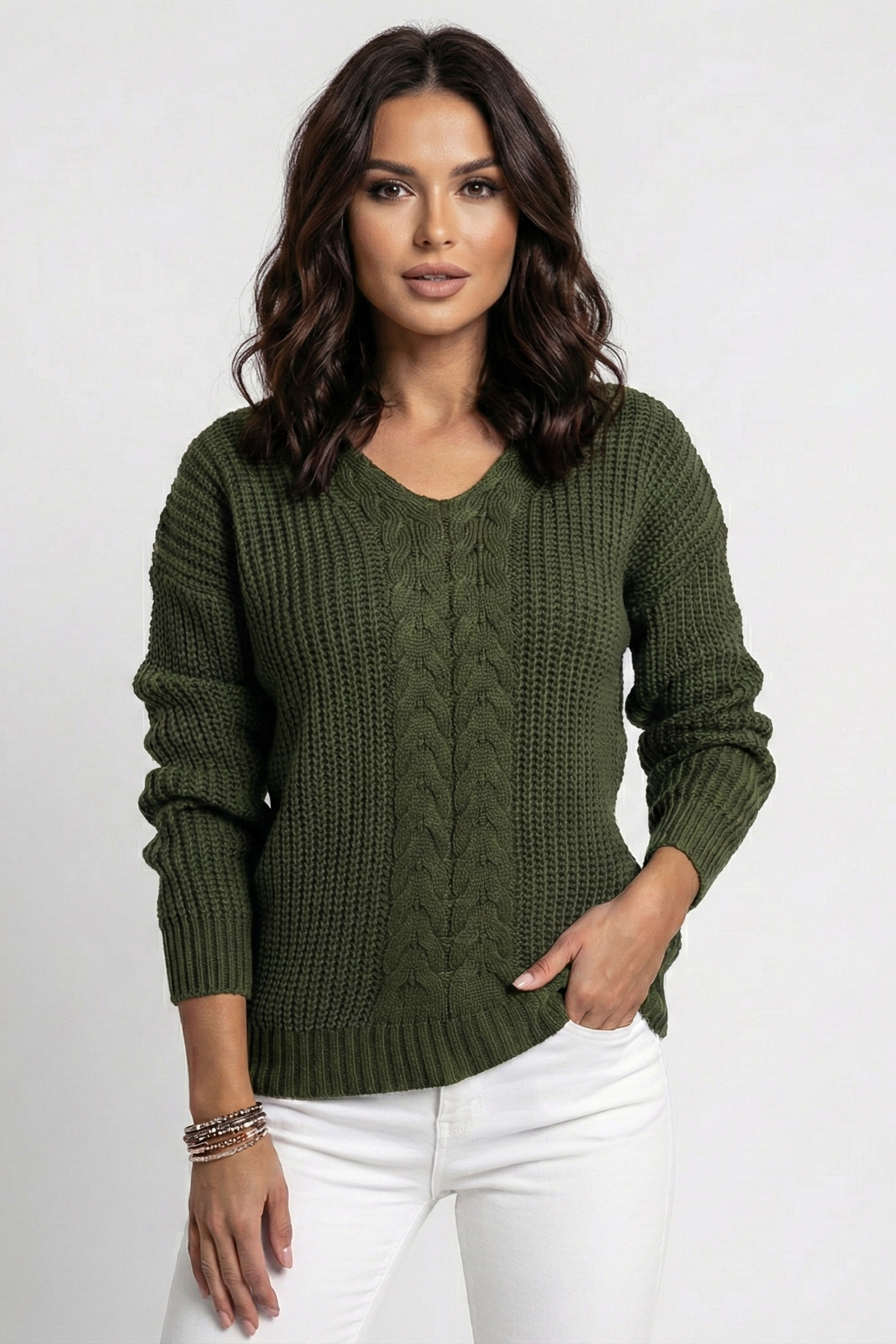 Mujer Cable-de Punto de Cuello en V Jersey Corte Relajado