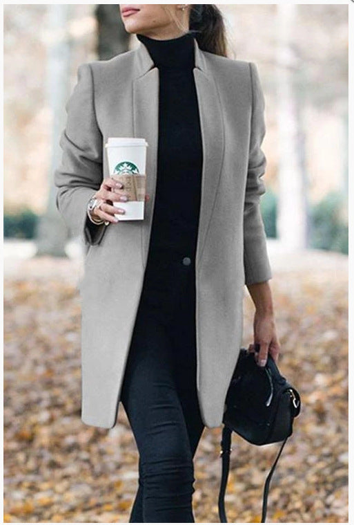 Mujer Largo blazer Abrigo Stand cuello Tailored corte
