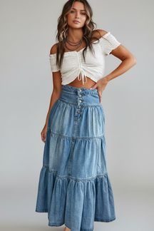 Mujer Denim Maxi Falda con botones y Tiers