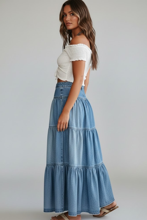 Mujer Denim Maxi Falda con botones y Tiers