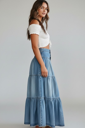 Mujer Denim Maxi Falda con botones y Tiers