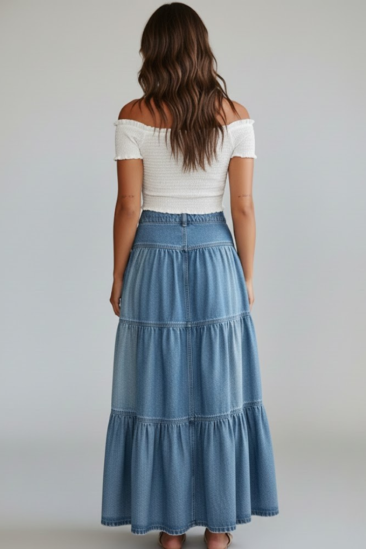 Mujer Denim Maxi Falda con botones y Tiers