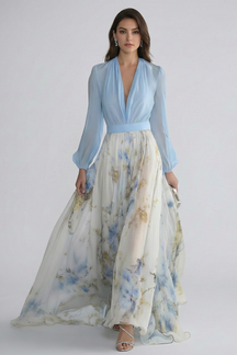 Mujer Vestido Largo con de Cuello en Vline y Sheer mangas