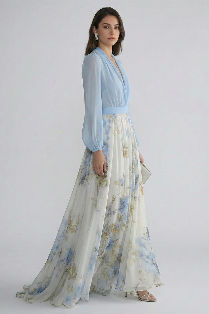 Mujer Vestido Largo con de Cuello en Vline y Sheer mangas