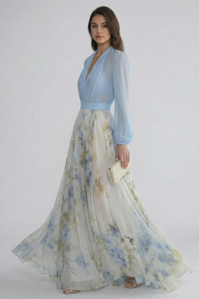 Mujer Vestido Largo con de Cuello en Vline y Sheer mangas