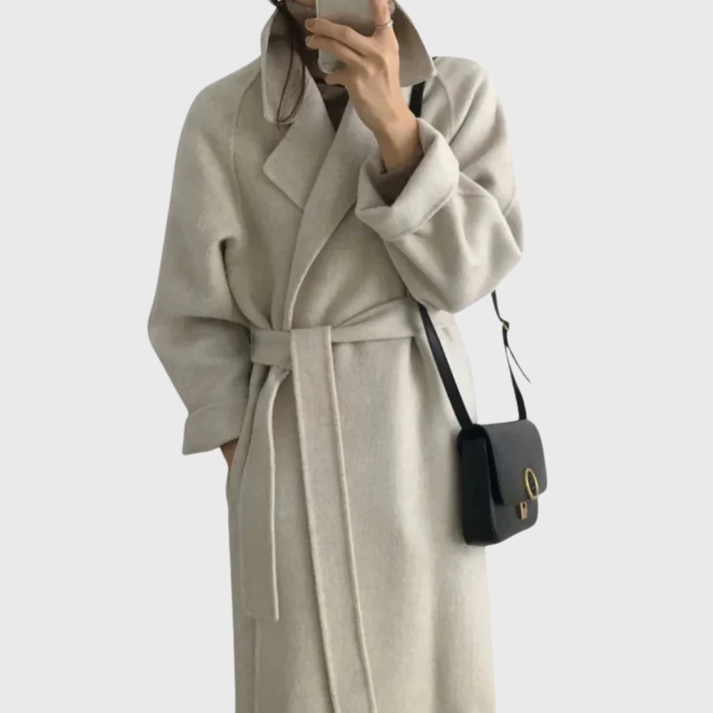 Mujer Cinturóned Wool Wrap Abrigo con Notched cuello