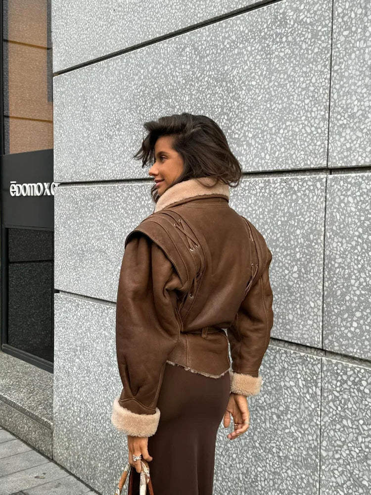 Mujer Fur-Lined Cinturóned Abrigo con Shearling Trim