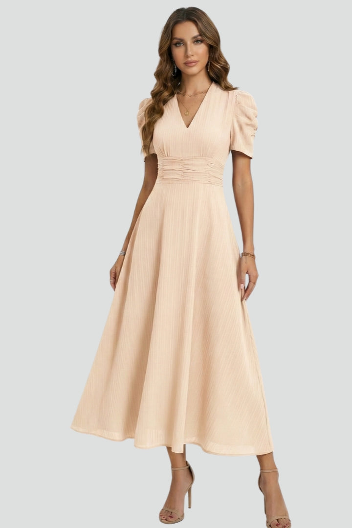 de Cuello en V Vestido Midi con Manga Cortas