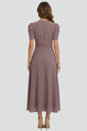 de Cuello en V Vestido Midi con Manga Cortas