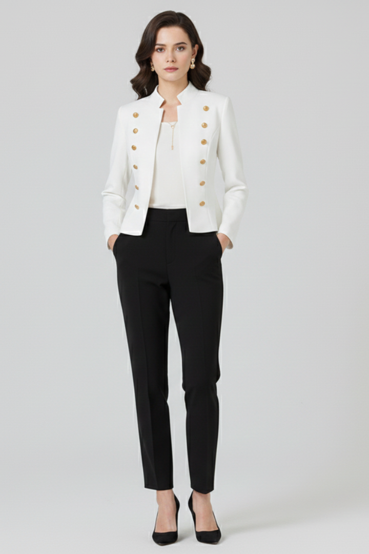 Mujer blazer con Stand cuello y botón Detailing