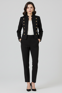 Mujer blazer con Stand cuello y botón Detailing