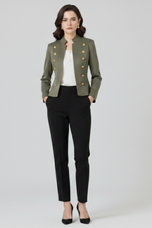 Mujer blazer con Stand cuello y botón Detailing
