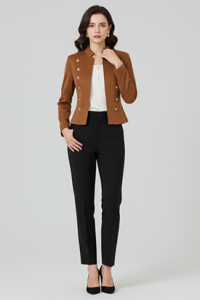 Mujer blazer con Stand cuello y botón Detailing