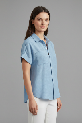 Mujer Blusa con cuello y Manga Cortas