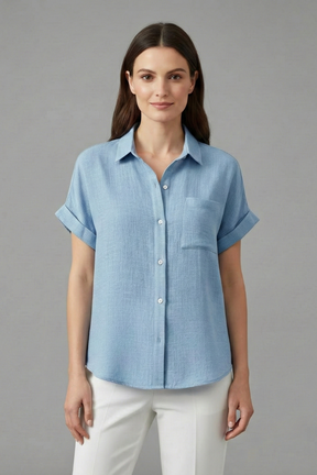 Mujer Blusa con cuello y Manga Cortas
