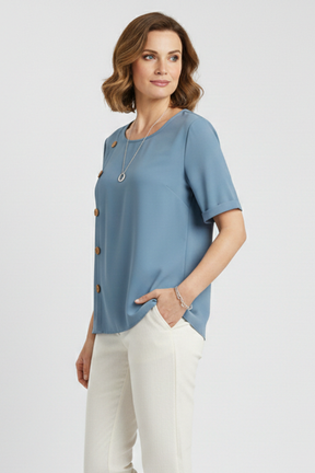 Mujer Blusa con de Cuello Redondo y Side botones