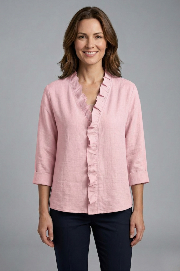 Mujer Blusa con Ruffle Neckline y Manga Largas