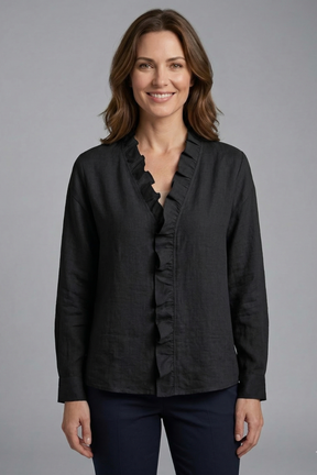 Mujer Blusa con Ruffle Neckline y Manga Largas