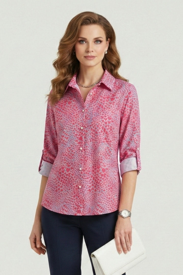 Mujer Blusa con Turn-Down cuello y Roll-Up mangas