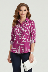 Mujer Blusa con Turn-Down cuello y Roll-Up mangas