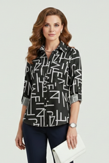 Mujer Blusa con Turn-Down cuello y Roll-Up mangas