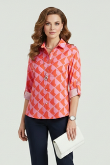 Mujer Blusa con Turn-Down cuello y Roll-Up mangas