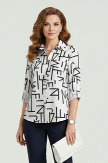 Mujer Blusa con Turn-Down cuello y Roll-Up mangas