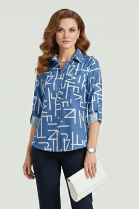 Mujer Blusa con Turn-Down cuello y Roll-Up mangas