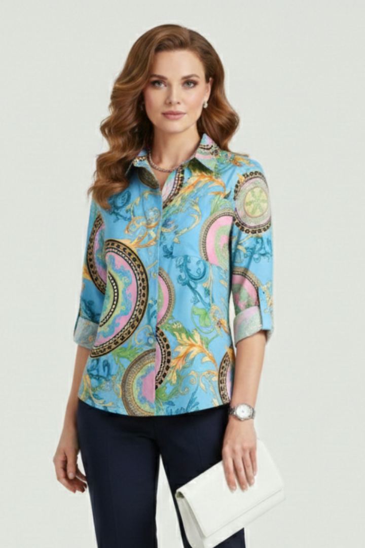 Mujer Blusa con Turn-Down cuello y Roll-Up mangas