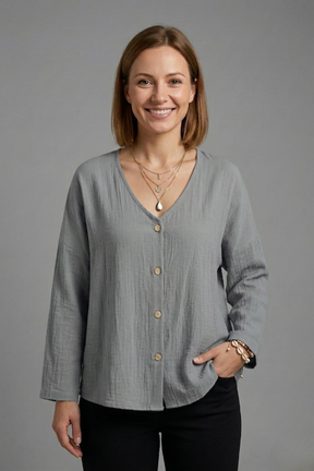 Mujer Blusa con de Cuello en V y cierre de botones