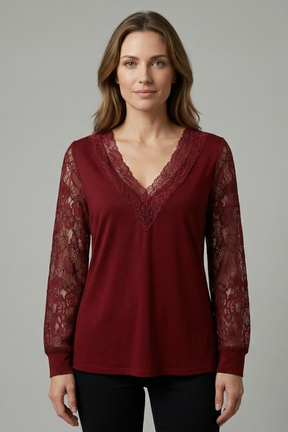 Mujer Blusa con escote en V y Lace mangas