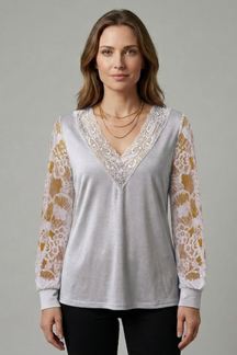 Mujer Blusa con escote en V y Lace mangas