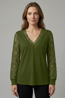 Mujer Blusa con escote en V y Lace mangas