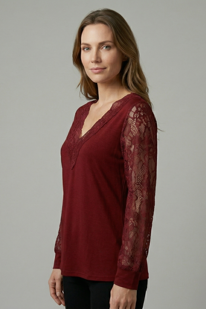 Mujer Blusa con escote en V y Lace mangas