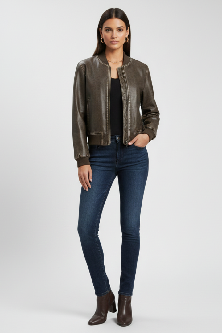 Mujer Bomber Chaqueta con Collared Neck y Woven Outer Surface