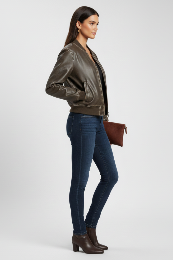 Mujer Bomber Chaqueta con Collared Neck y Woven Outer Surface