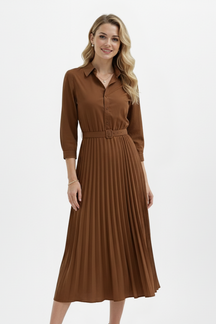 Mujer botón-Up Vestido Midi con Cinturóned cintura y Plisado Falda