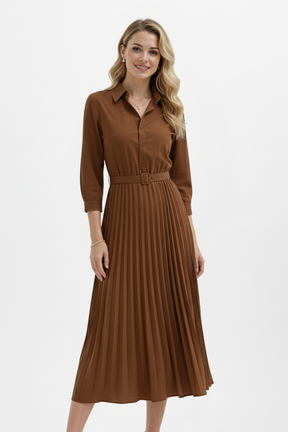 Mujer botón-Up Vestido Midi con Cinturóned cintura y Plisado Falda