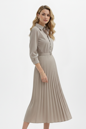 Mujer botón-Up Vestido Midi con Cinturóned cintura y Plisado Falda